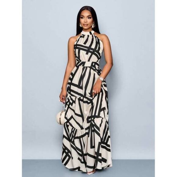 New Women's Fashionable All-Over Print Halter Maxi Flowy Dress With Belt Fo - Picture 3 of 8